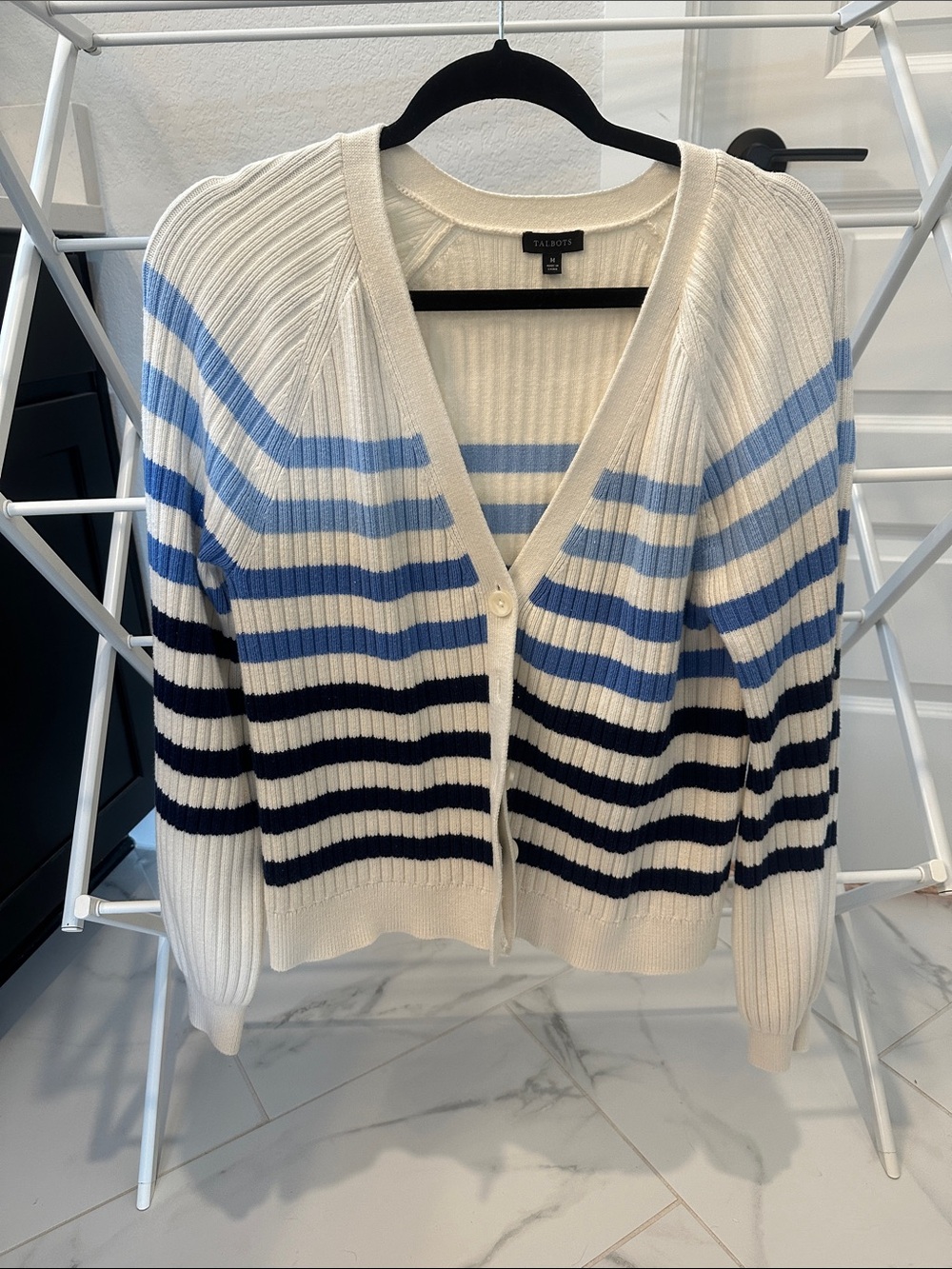 Talbots Cream, Light Blue & Navy Striped Ribbed V-Neck Cardigan
